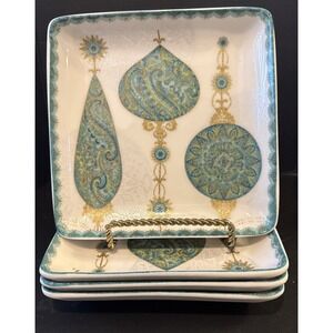 222 FIFTH Constantine Turquoise Ornament Set of 4 Square Dessert Plates 6.5"